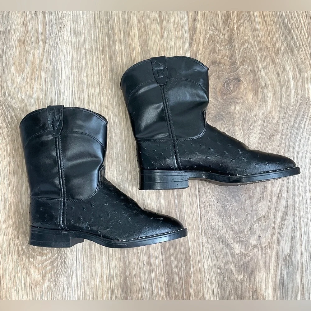 “Texas All American Made” Kids Black Ostrich Print Cowboy Boots Size 3D LNC